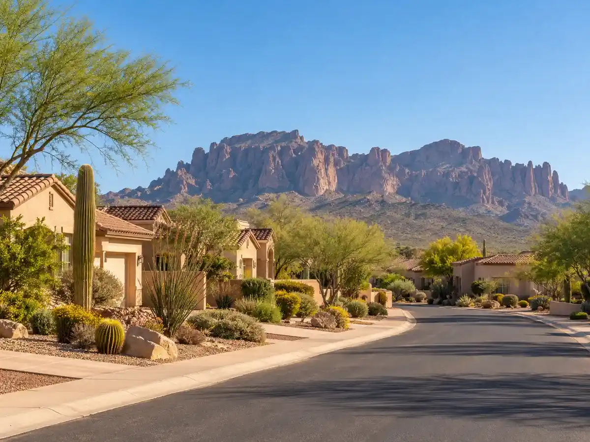 Residential street in Mesa, Arizona with the Superstition Mountains in the distance