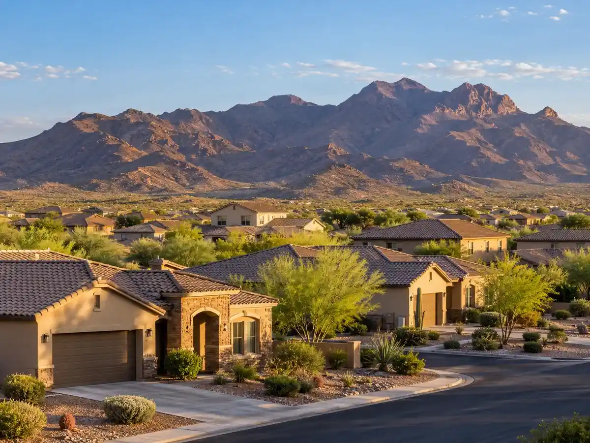 Suburban homes in San Tan Valley, Arizona with the San Tan Mountains