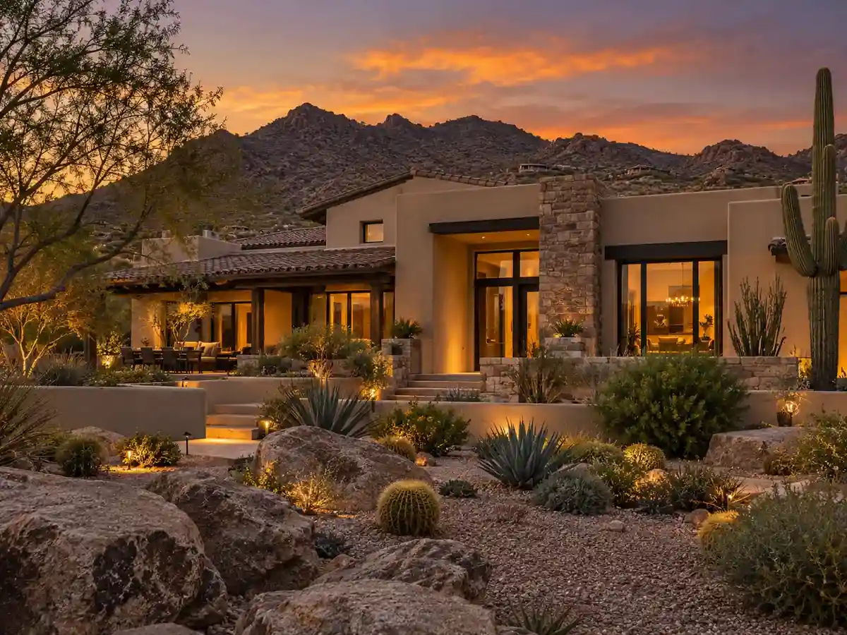 Desert-modern home in north Scottsdale, Arizona at dusk