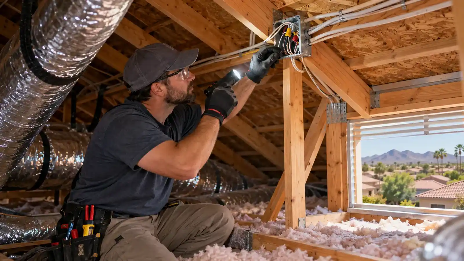 Electrician inspecting wiring in an attic of an older Gilbert home